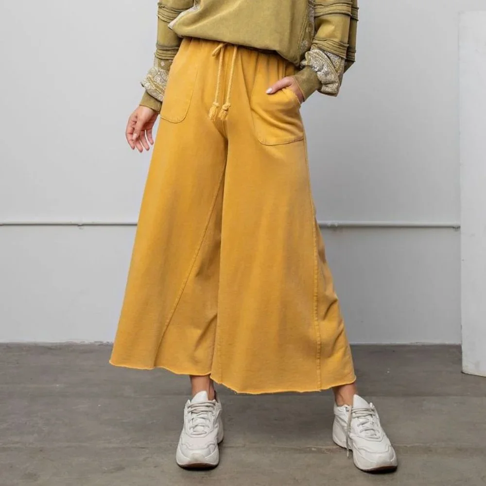 Easel Washed Terry Knit Wide Unfinished Trim Relaxed Mustard Pants - Picture 1 of 5